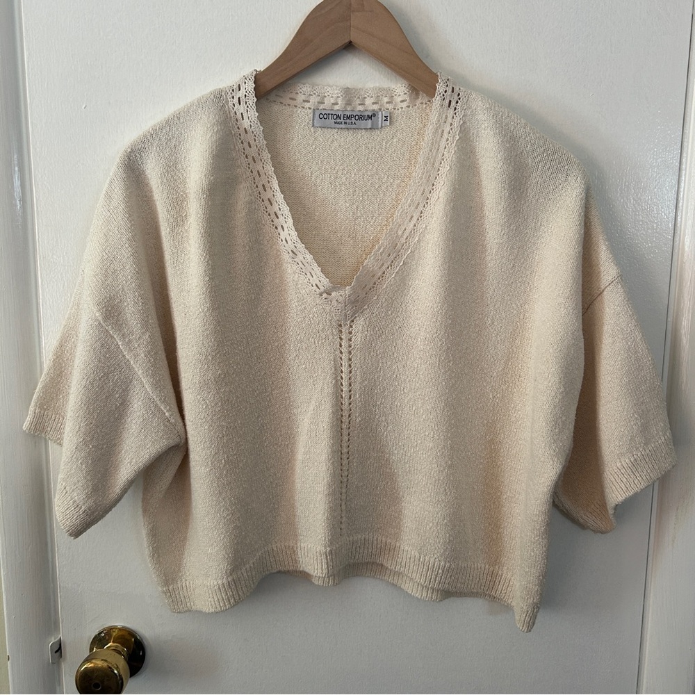 Cream Boxy Lace V-Neck Top